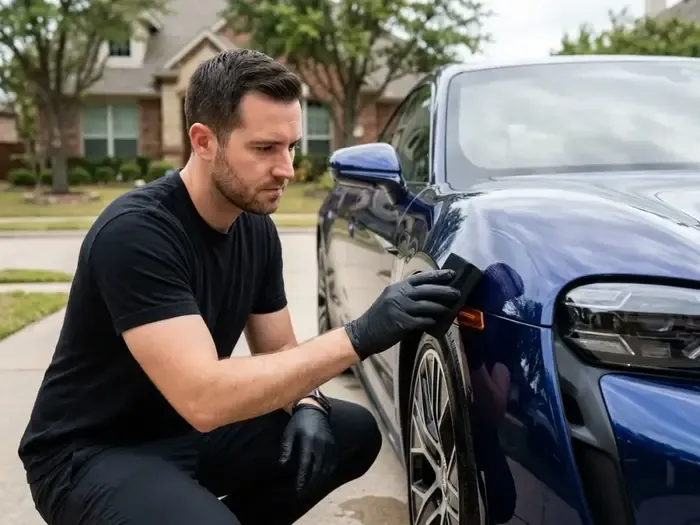 Technician applying ceramic coating to a blue car for a Land O' Lakes, Florida customer