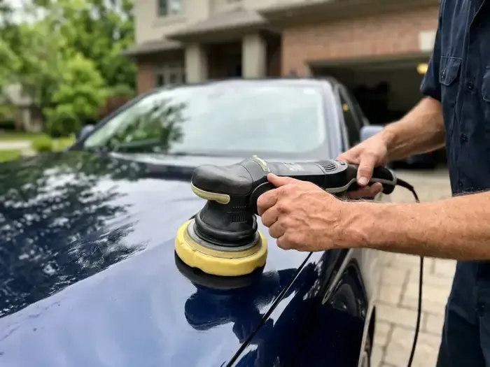 Machine polishing a car hood during paint correction before ceramic coating