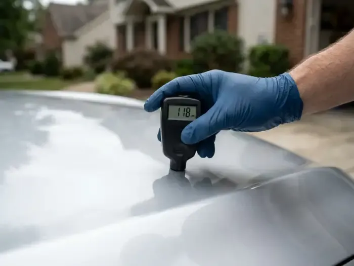 Paint thickness gauge on a vehicle panel before coating application
